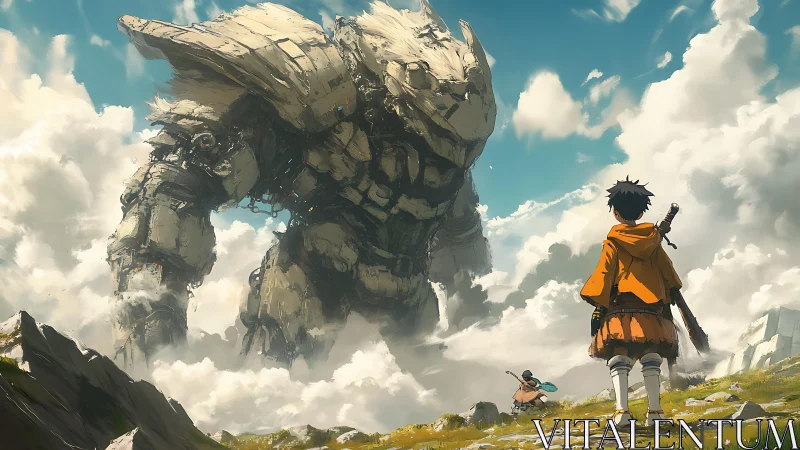 Two human figures observe a towering stone-like mech