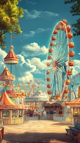 Ferris wheel and boardwalk carnival under luminous sky.