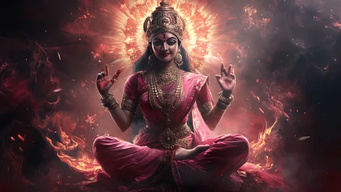 Hindu goddess figure in fiery lotus pose digital artwork.