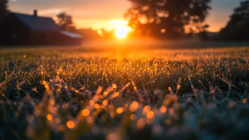 Sunrise light across dewy grass in soft rural field.