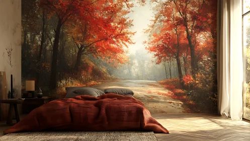 Bedroom interior with autumn forest wall mural and sunlight.