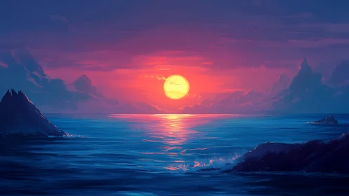 Radiant sun descends over tranquil violet-blue seascape.