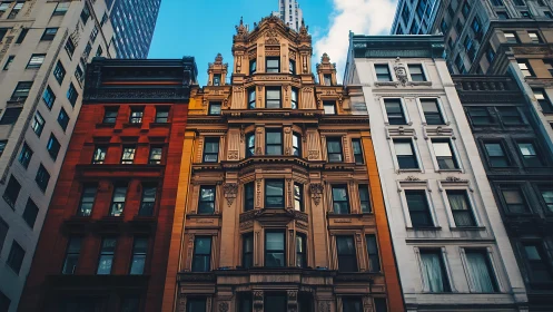 Warm golden facade shining between cool city towers.