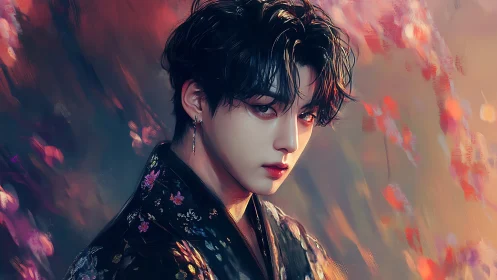 Chromatic kimono portrait under defocused bokeh cascades.