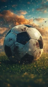 Weathered soccer ball rests in glowing sunset grass field.