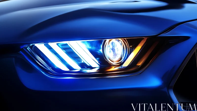 Blue sports car headlight glows with vivid LED detail.
