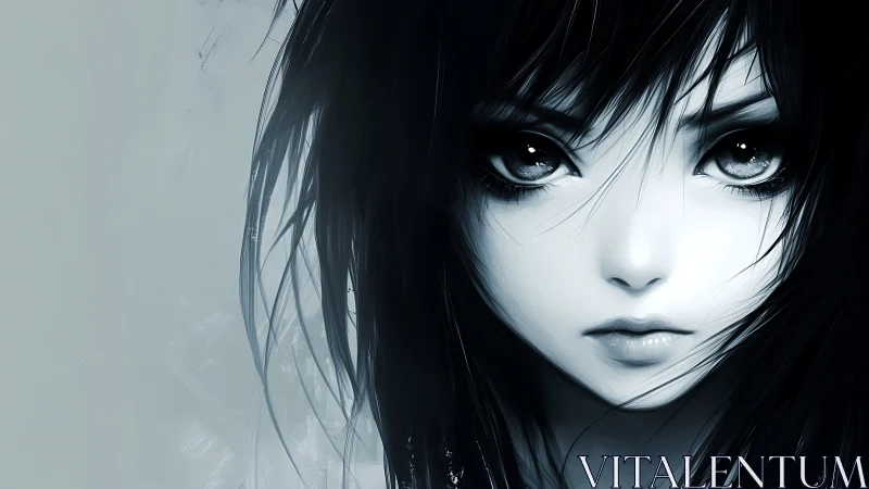 Monochrome anime portrait with luminous reflective eyes.