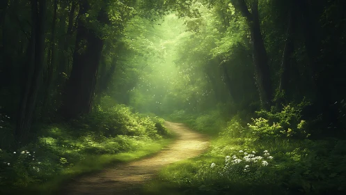 Sunlit forest path with lush greenery in a dreamy, peaceful style.