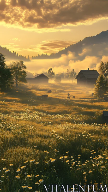 Golden rural valley at sunrise with mist and wildflowers.
