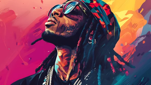 Vibrant digital portrait of hip-hop figure in neon light.