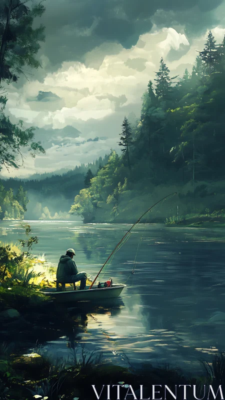 Quiet river angler trades time for clouds and forest light