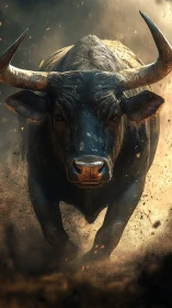Charging black bull in cinematic dust and ember storm.