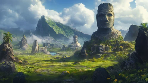 Colossal stone heads overlook lush green mountain valley