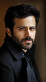 Serious bearded man in black coat under soft window light.
