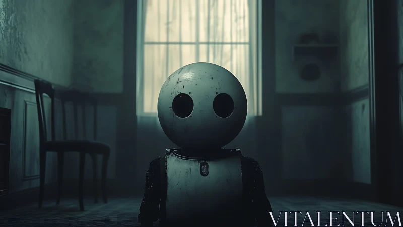 Round headed robot alone in dim, empty interior room.