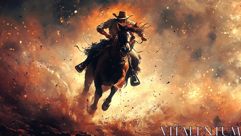 Cowboy racing through a storm of fire and flying dust.