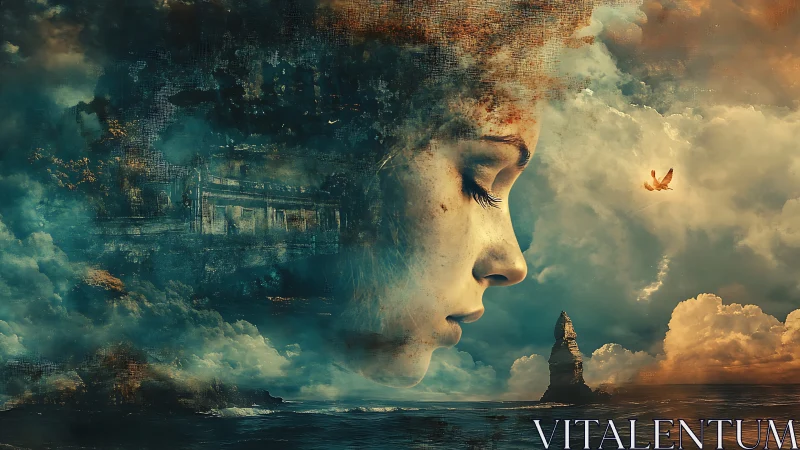 Female profile blended with clouds and seascape scene.