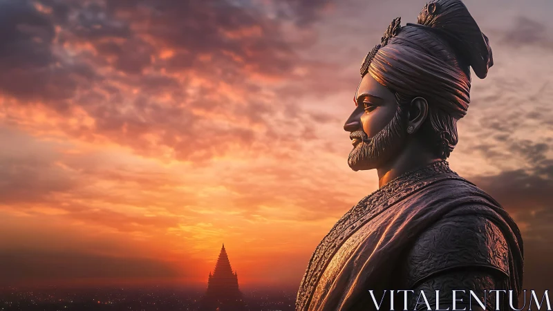 Regal warrior statue profile against vivid sunset sky.