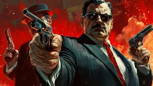 Two armed gangsters in suits against intense red backdrop.