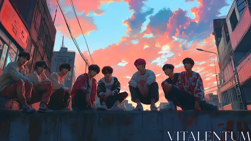 Sunset city rooftop gathers friends in glowing colors