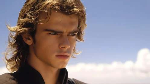 Sunlit young hero gazing into a bright, endless sky.