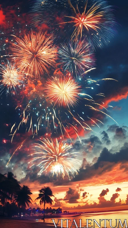 Fireworks illuminate tropical shoreline under layered evening sky
