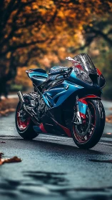 Photorealistic superbike profile on wet autumn roadway environment.