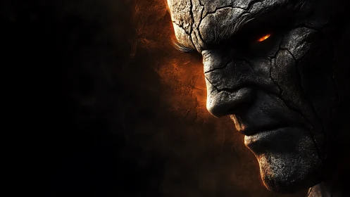 Brooding stone-faced titan with burning ember eye portrait.