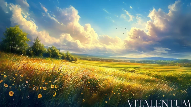 Sunlit wildflower meadow under expansive summer cumulus sky.