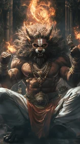 Fiery lion-headed warrior spirit seated in roaring power.