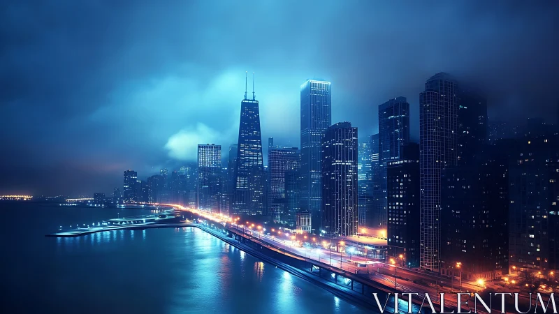 Neon shoreline skyline under stormy midnight cobalt glow.