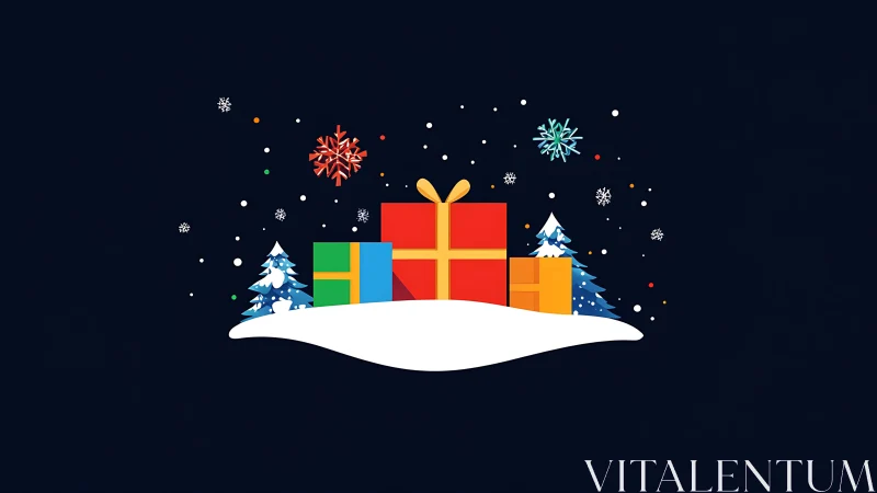 Colorful Christmas gifts glow on snowy winter hilltop