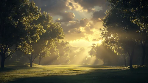 Volumetric sunrise shafts across tree-lined meadow corridor.