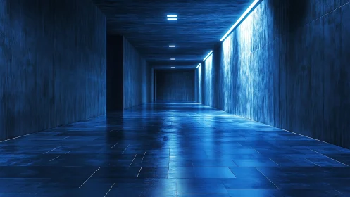 Futuristic blue corridor with reflective tile floor glows