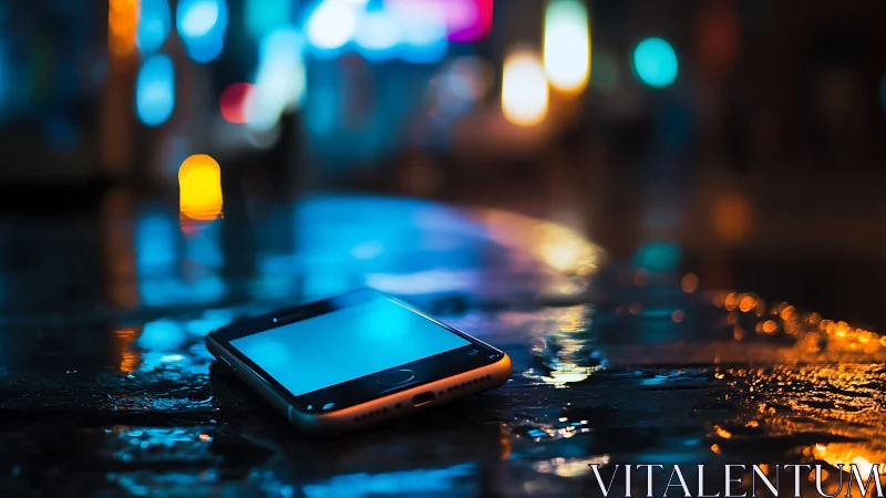 Smartphone on wet surface under urban night bokeh lights.