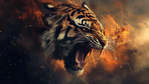 Roaring tiger head in fiery digital explosion scene.