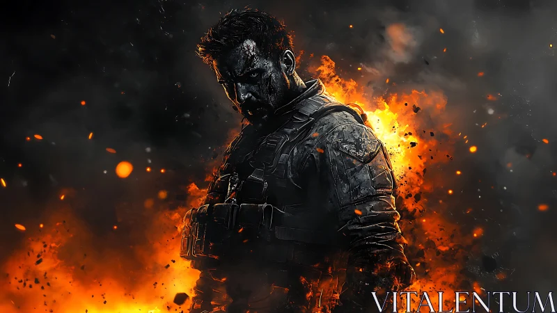 Armored soldier stands in front of erupting orange explosion