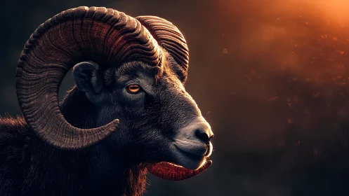 Sunlit ram profile in cinematic warm backlight glow.
