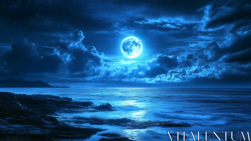 Moonlit waves glow under deep blue clouds and starlit sky
