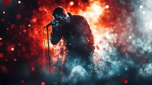 Rock vocalist ignites stage amid red and blue smoke storm.