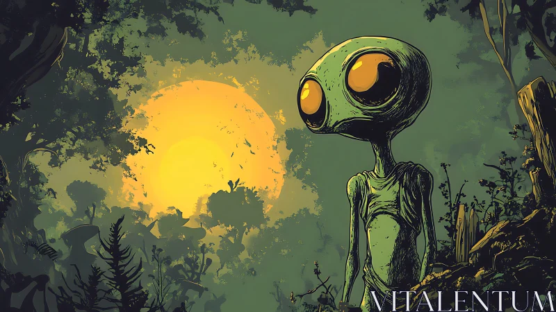 Lonely alien watches a burning sun over dense jungle world