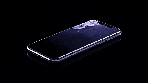 Sleek smartphone lies in dark space with glowing screen