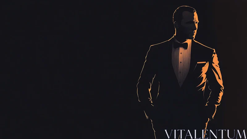 Silhouetted man in tuxedo against deep black background.