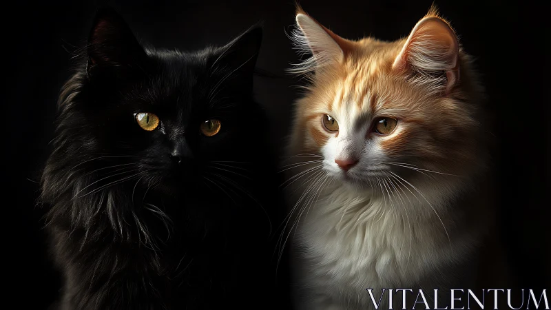 Black and Ginger Cats with Luminous Eyes Against Dark Background.