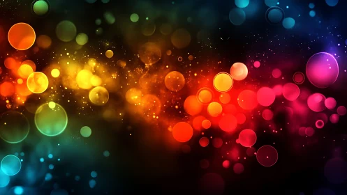Colorful bokeh orbs over dark abstract gradient background.