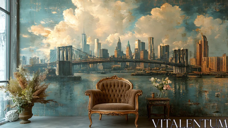Vintage armchair before painterly New York bridge skyline wall.