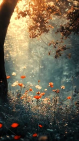 Backlit wildflower grove under golden forest haze.