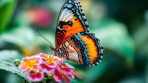 Winged mosaic sips sunrise nectar in a blurred green dream