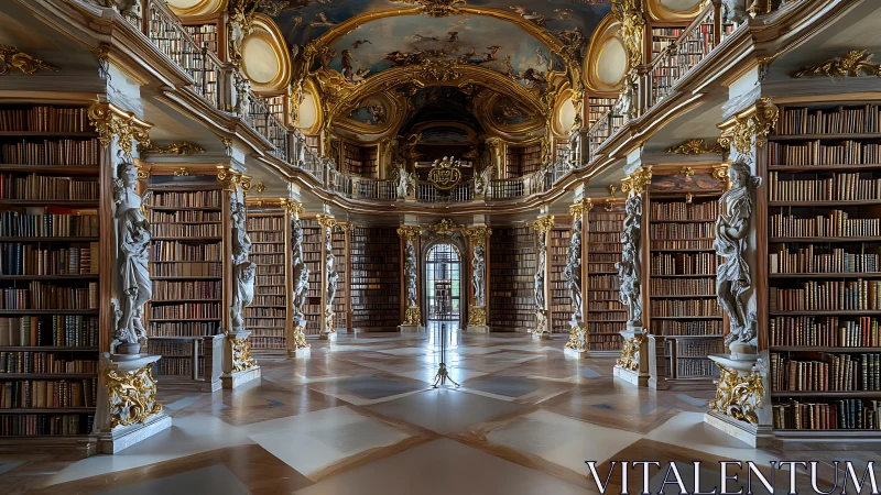 Baroque library interior shows ornate shelves and ceiling