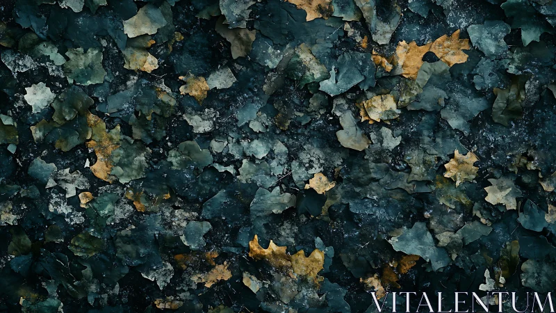 Forest floor tapestry of teal shadows and faded gold leaves.